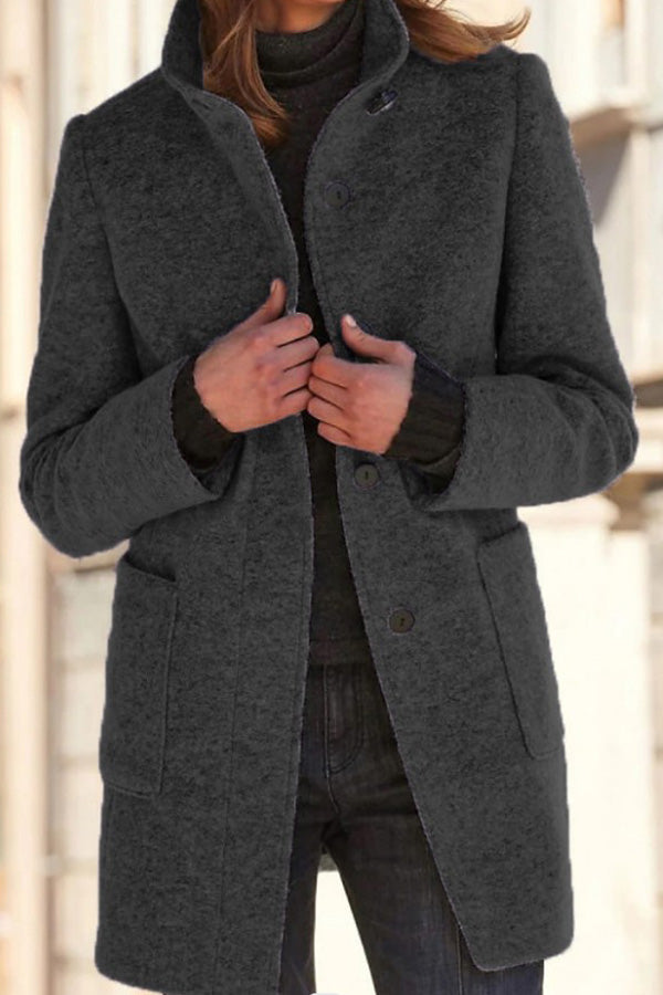 Smooth color button collar wool jacket