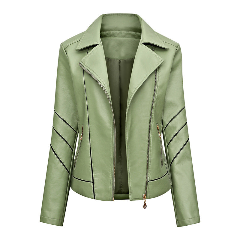 Women Short Faux Leather Biker Jacket with Asymmetrical Zip, Decorative Stitching and Slip Pockets
