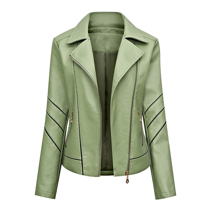 Women Short Faux Leather Biker Jacket with Asymmetrical Zip, Decorative Stitching and Slip Pockets