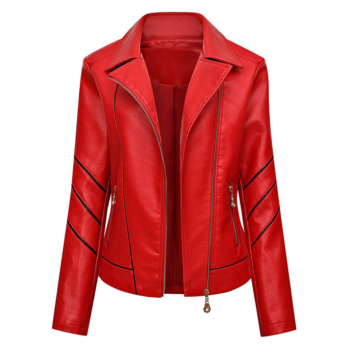 Women Short Faux Leather Biker Jacket with Asymmetrical Zip, Decorative Stitching and Slip Pockets
