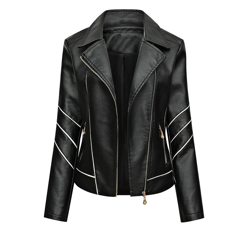 Women Short Faux Leather Biker Jacket with Asymmetrical Zip, Decorative Stitching and Slip Pockets