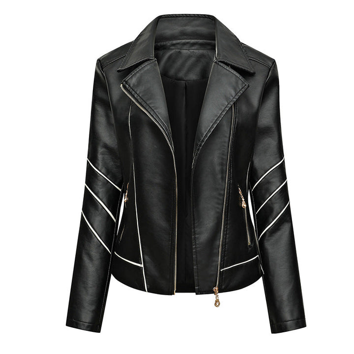 Women Short Faux Leather Biker Jacket with Asymmetrical Zip, Decorative Stitching and Slip Pockets