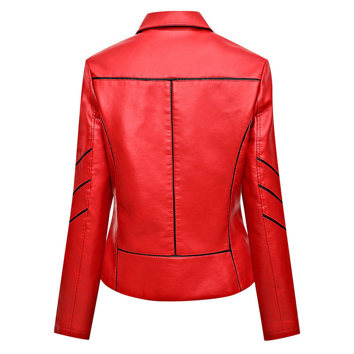 Women Short Faux Leather Biker Jacket with Asymmetrical Zip, Decorative Stitching and Slip Pockets