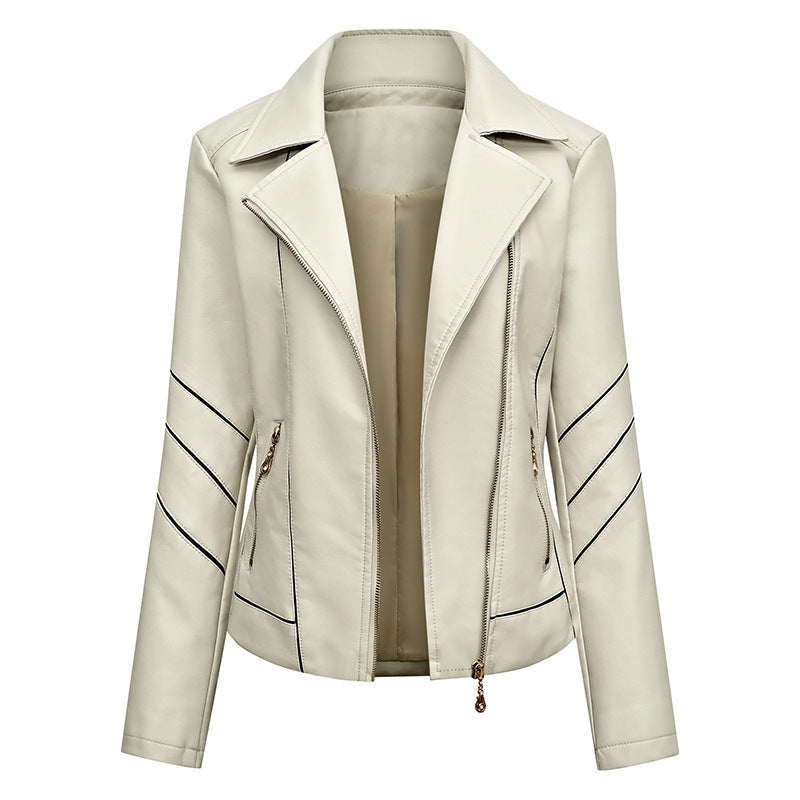 Women Short Faux Leather Biker Jacket with Asymmetrical Zip, Decorative Stitching and Slip Pockets