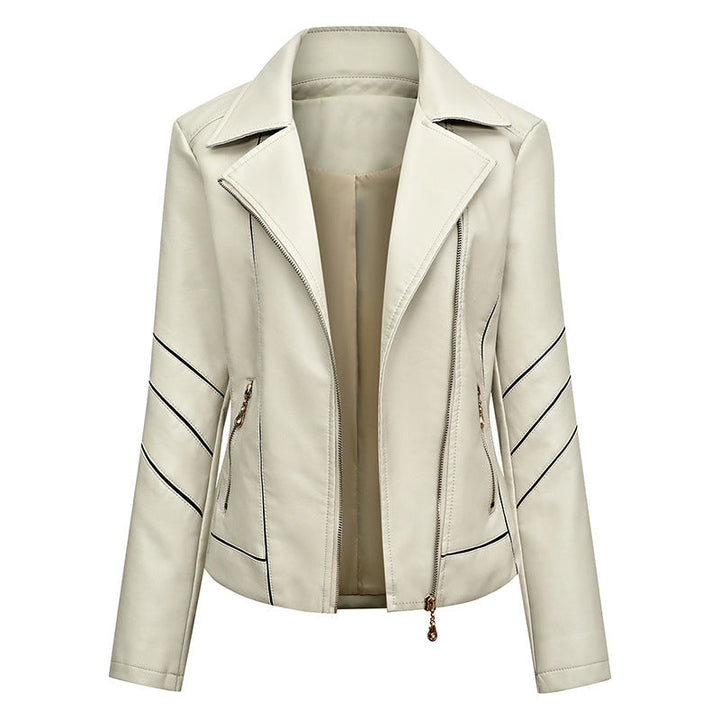 Women Short Faux Leather Biker Jacket with Asymmetrical Zip, Decorative Stitching and Slip Pockets
