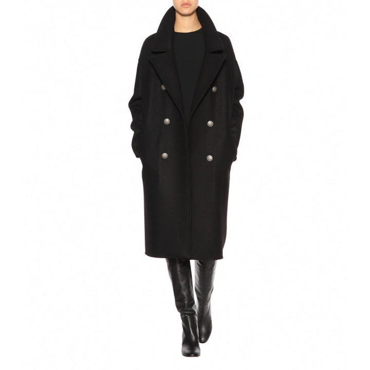 Women Oversize Double-Breasted Long Coat with Wide Shawl Collar and Relaxed Tailoring