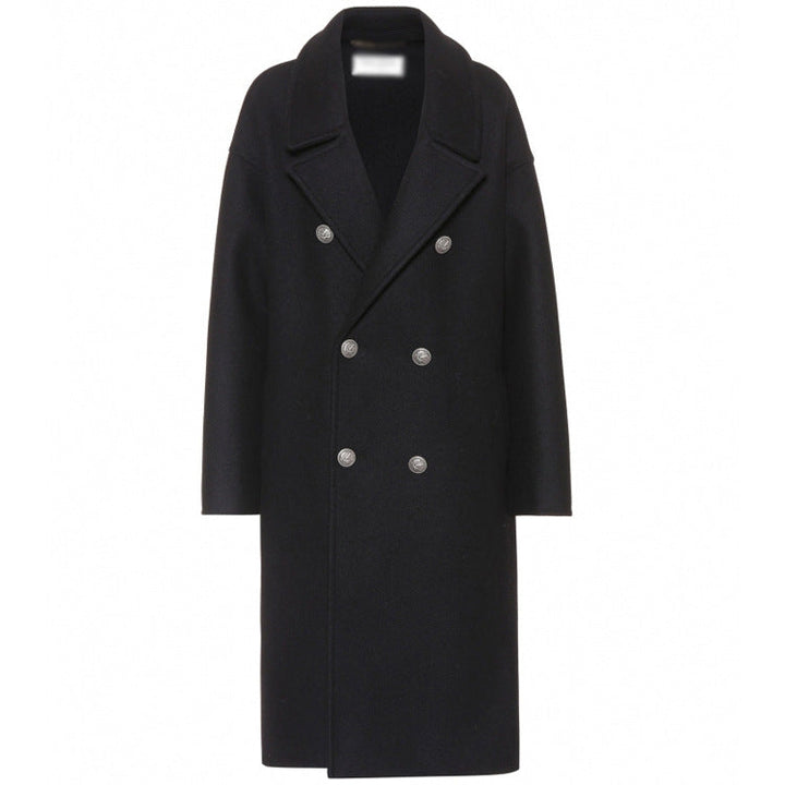 Women Oversize Double-Breasted Long Coat with Wide Shawl Collar and Relaxed Tailoring