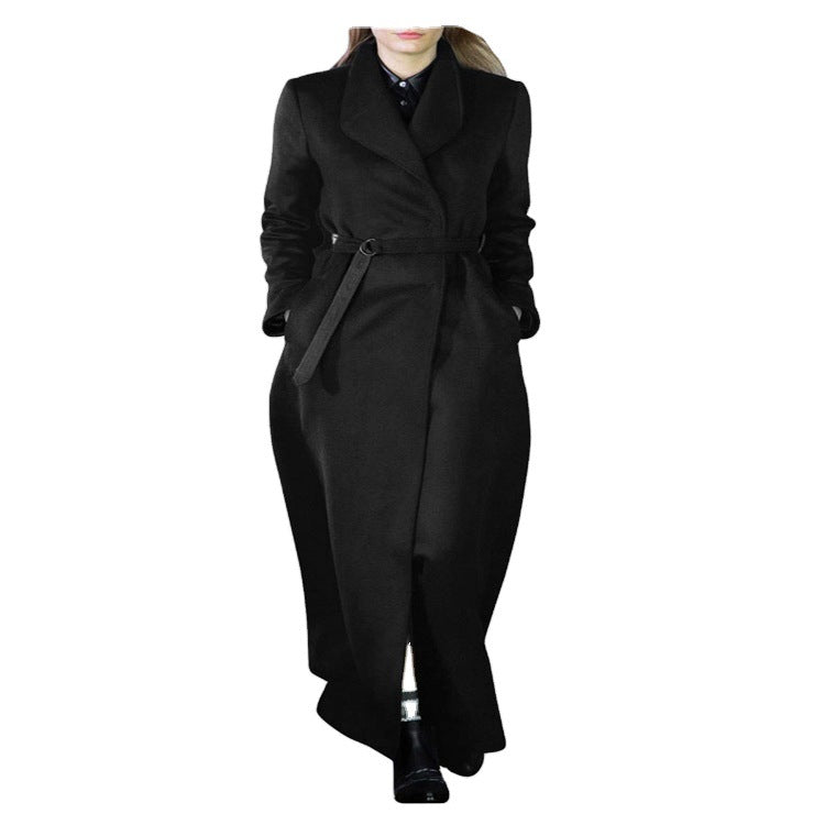 Women’s maxi long tailored wrap long coat with shawl collar and fine tie belt