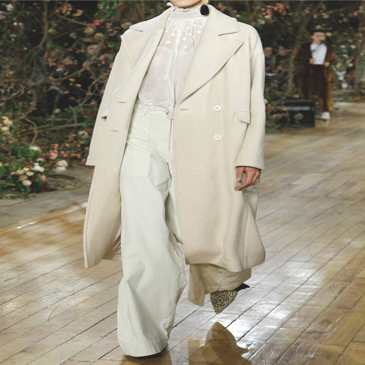 Women Long Floor-Length Relaxed-Fit Wool Blend Coat with Soft Shoulders and Side Slit