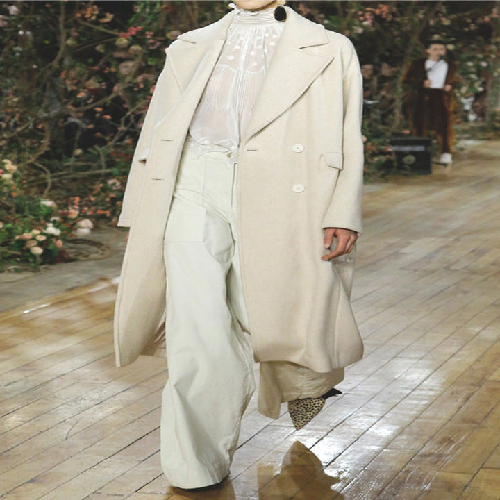 Women Long Floor-Length Relaxed-Fit Wool Blend Coat with Soft Shoulders and Side Slit