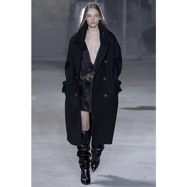 Women Oversize Double-Breasted Long Coat with Wide Shawl Collar and Relaxed Tailoring