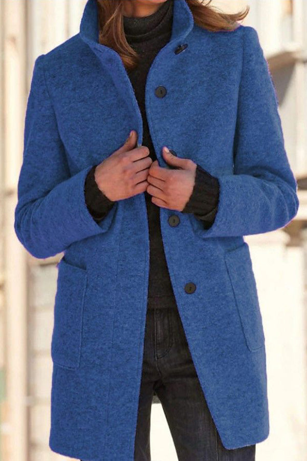 Smooth color button collar wool jacket