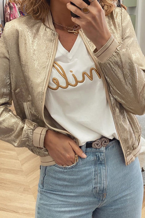 Khaki Metallic zip Baseball jacket