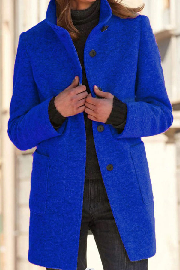 Smooth color button collar wool jacket