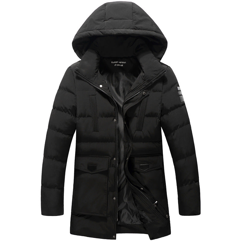 Men mid-length zip Quilted Parka with Hood and Windproof Thermal Insulation