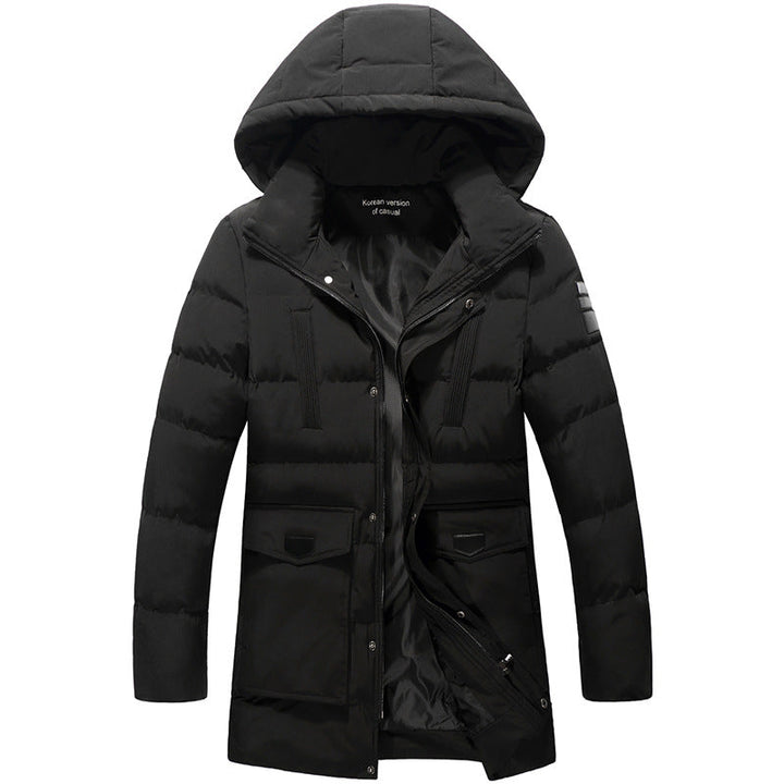 Men mid-length zip Quilted Parka with Hood and Windproof Thermal Insulation