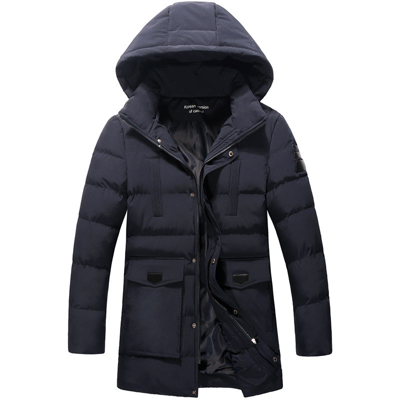 Men mid-length zip Quilted Parka with Hood and Windproof Thermal Insulation