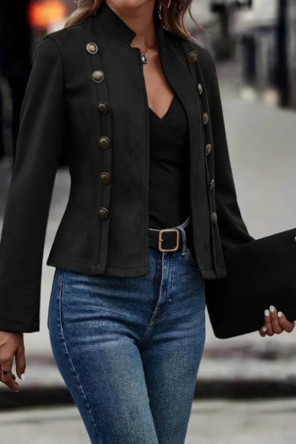 | Collar Open Front Button Decor Jacket