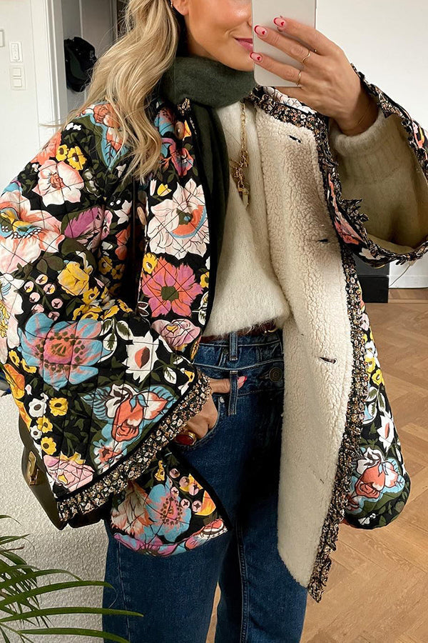 Floral pattern button closure quilted Sherpa jacket