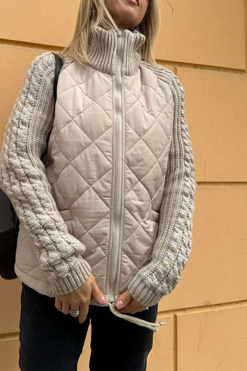 Casual smooth color knitted Patchwork-Lwed jacket