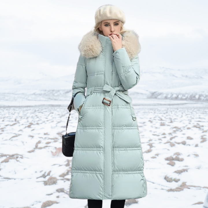 Long jacket winter Puffer design faux Fur hood Tailored Belt warm and insulating