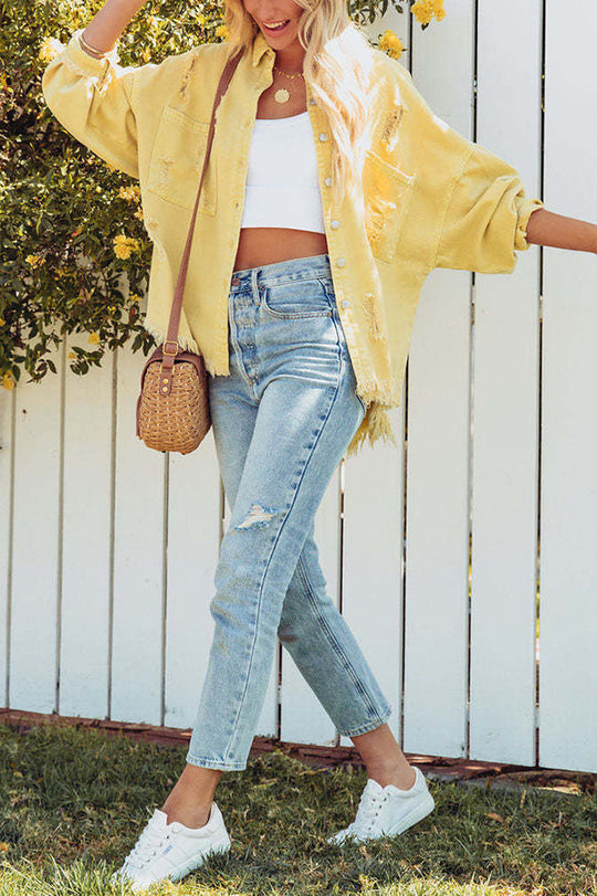Revers long sleeve Ripped denim jacket