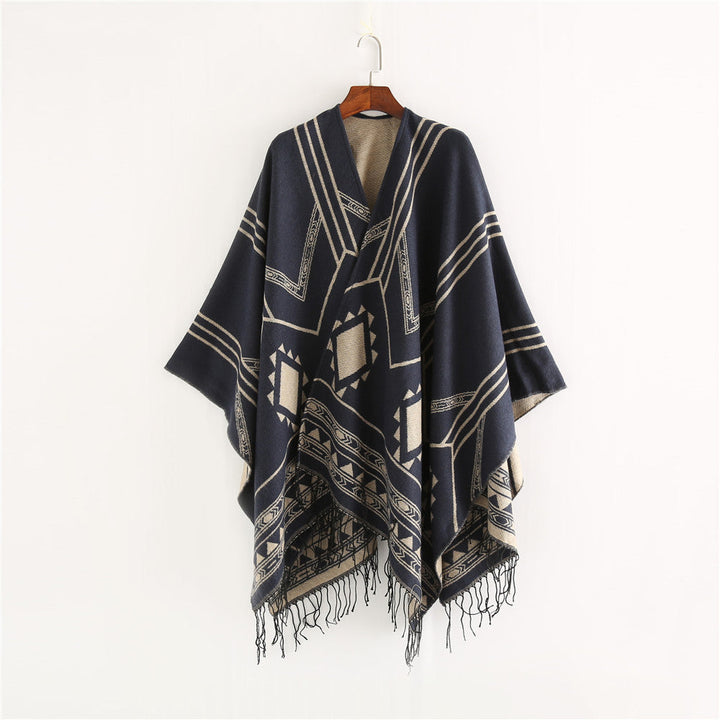 Unisex Ethno-Poncho made of soft knit with fringes and geometric pattern