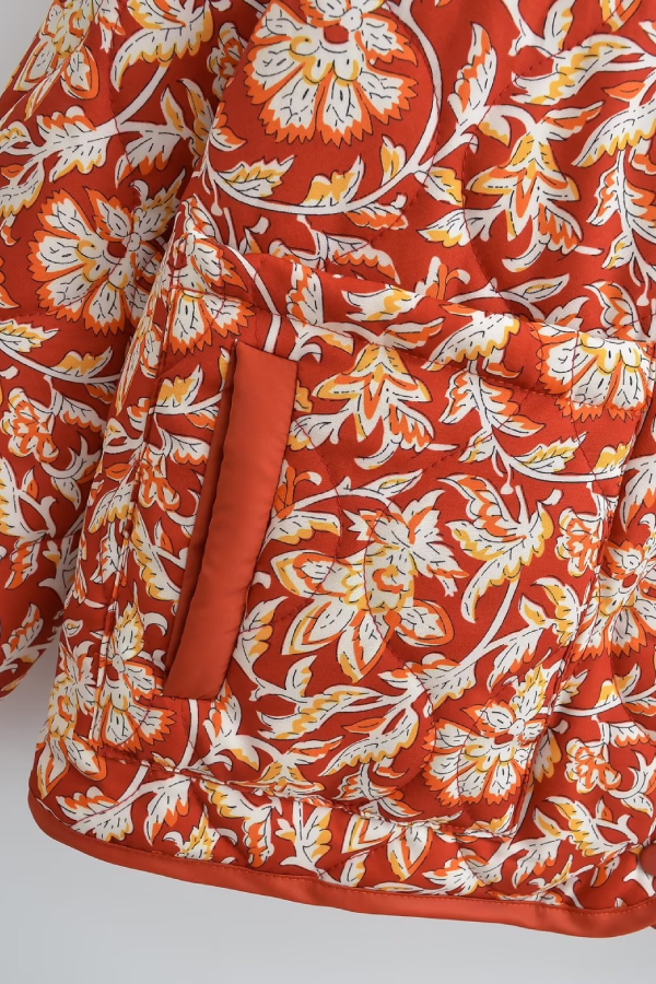 Neck Floral Prwt Loose quilted cotton jacket