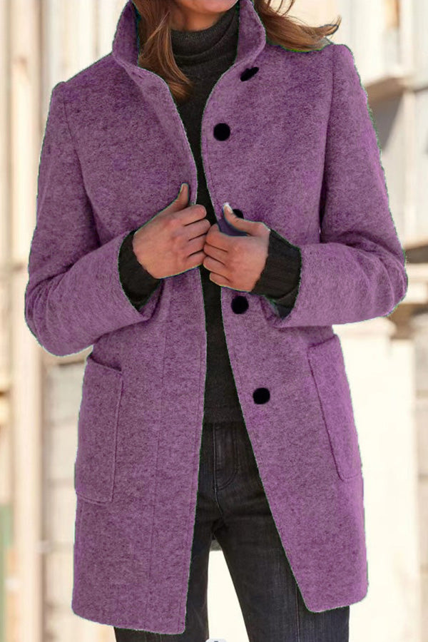 Smooth color button collar wool jacket