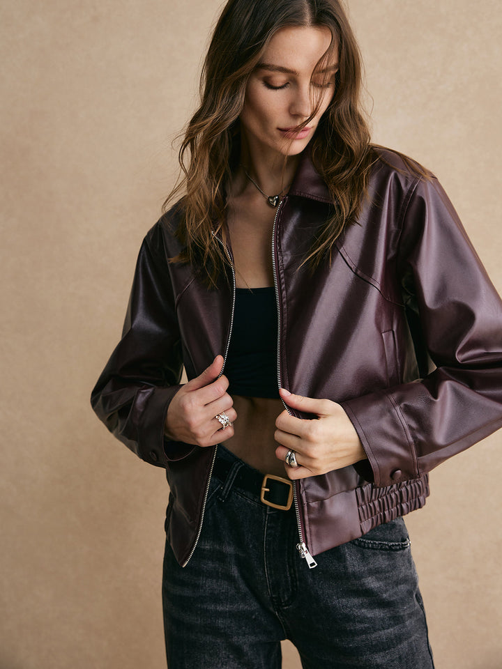 Zip Pu leather short jacket