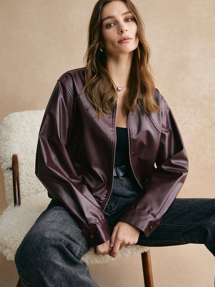 Zip Pu leather short jacket