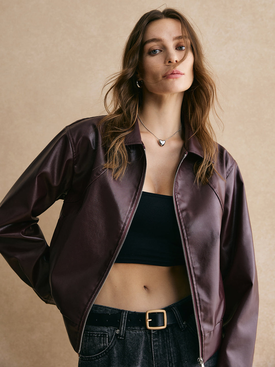 Zip Pu leather short jacket
