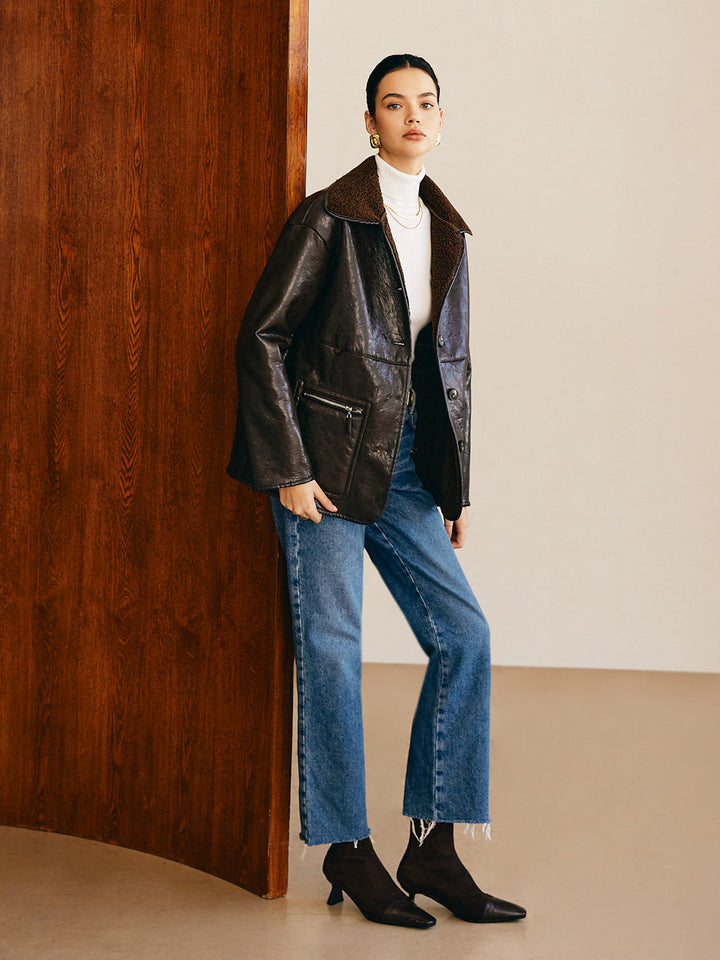 Pockets faux leather jacket fleece
