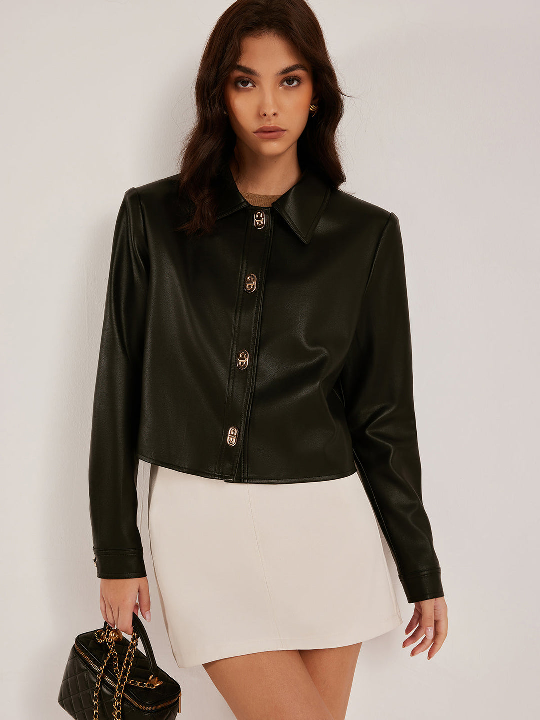 | Button Pu Leather Short Jacket