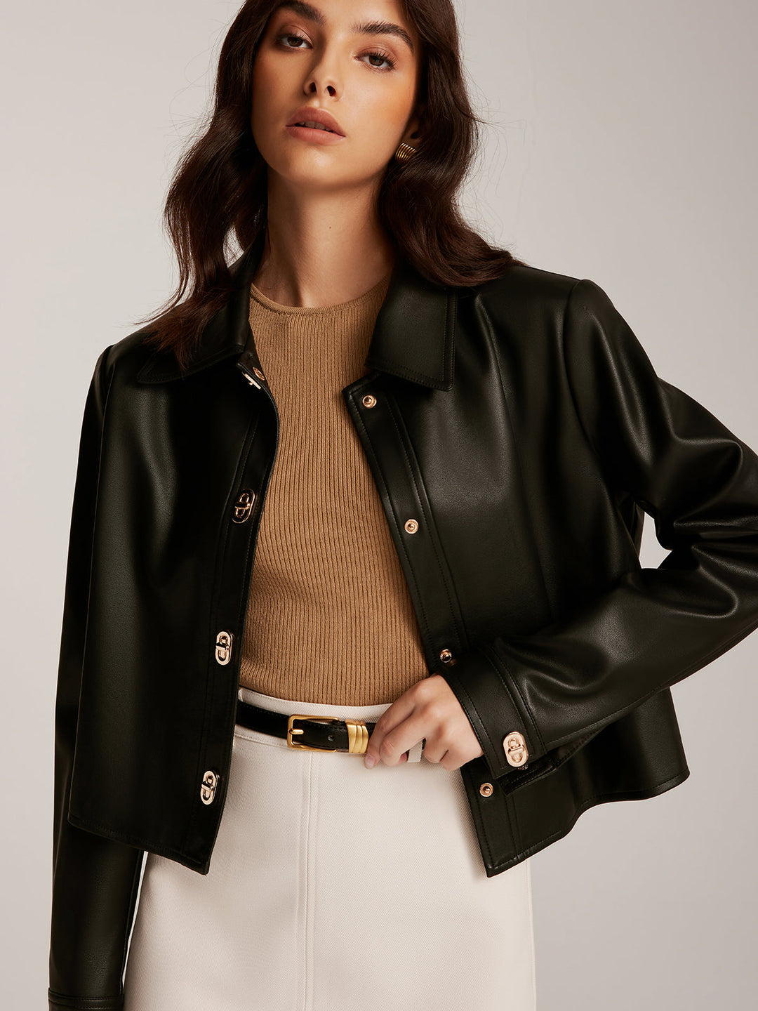 | Button Pu Leather Short Jacket