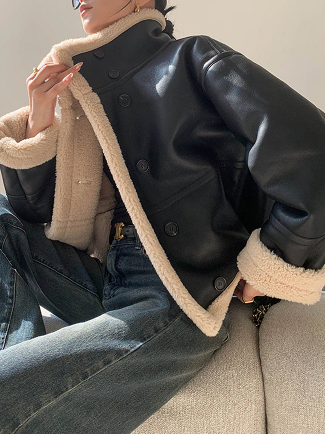 Lined jacket with leather leather