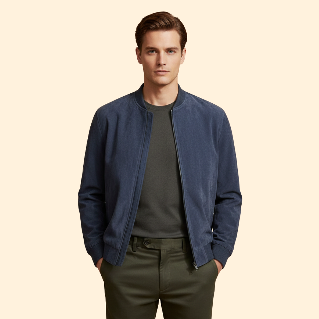 Men’s Suede Bomber Jacket with Ribbed Cuffs