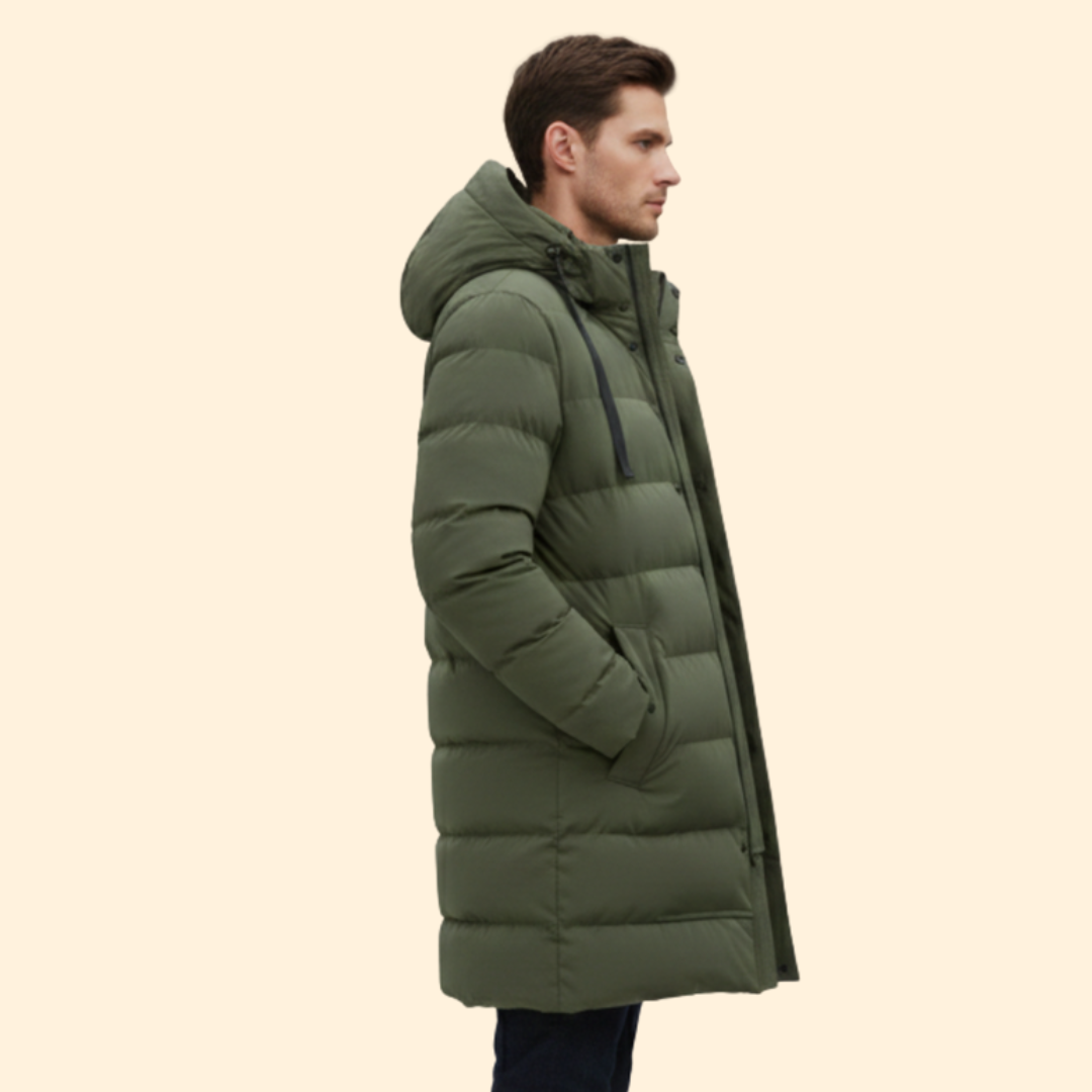 Men’s Long Quilted Coat with Hooded Design
