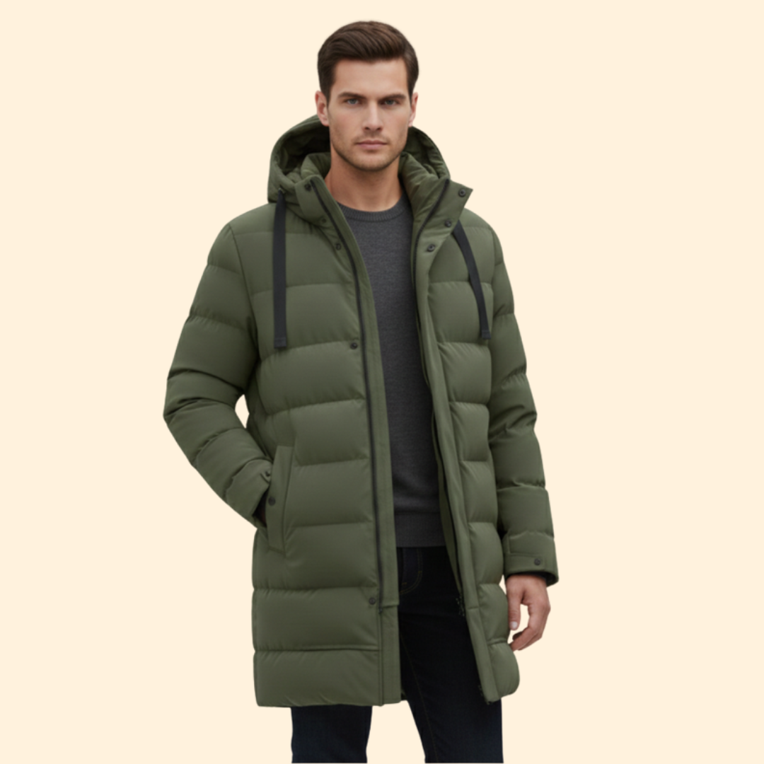 Men’s Long Quilted Coat with Hooded Design