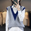 Women's Structured Fine Knit Long Vest with Deep V-Neck and Contrasting V-Panel