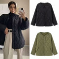 Women's Lightly Quilted Oversize Jacket with Round Neck, Snap Button Placket and Side Pockets
