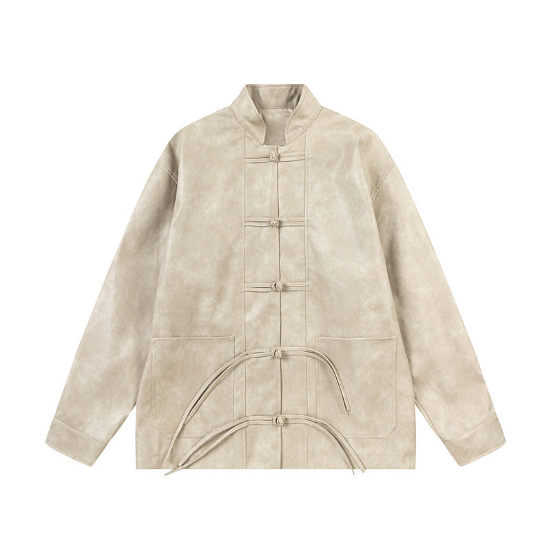 Unisex Asian inspired oversized jacket with mandarin collar and knot closures