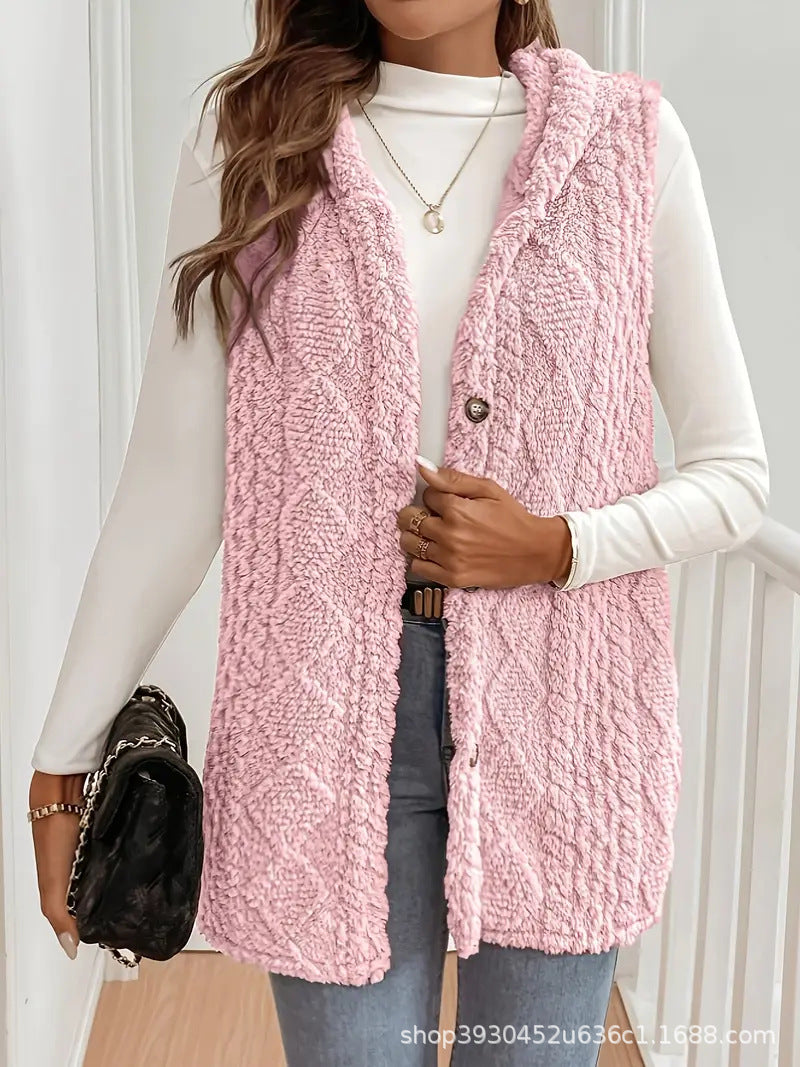 Women Fleece Lined Teddy Vest with Hood and Button Closure