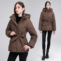 Women's luxury short puffer jacket with integrated wind protection collar and waist belt