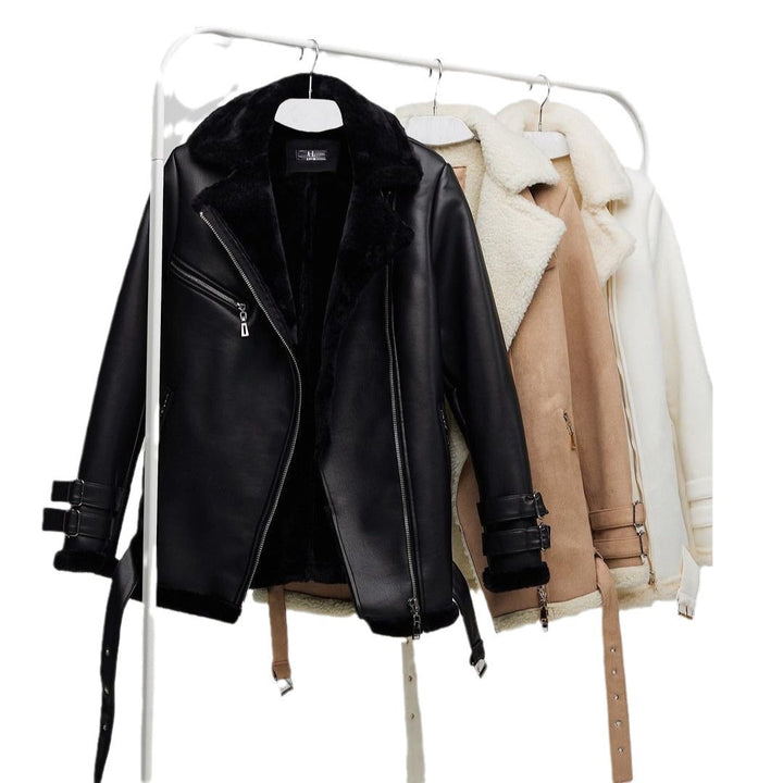 Women Oversized Faux Leather Pilot Jacket with Teddy Fur Lining and Buckles