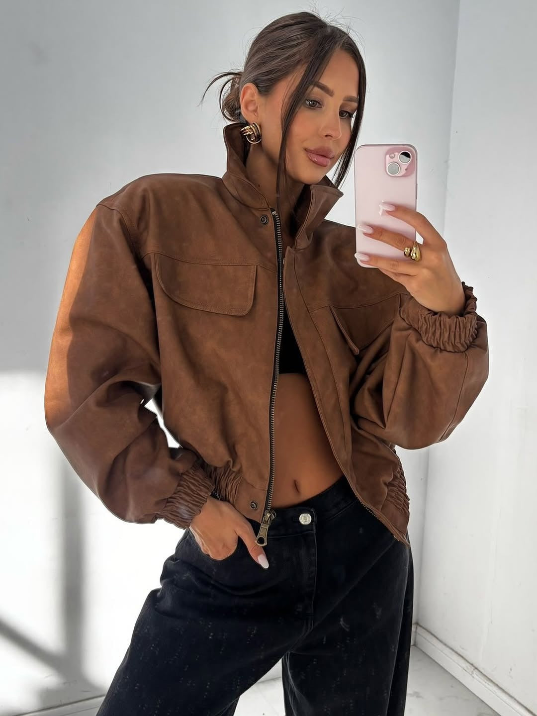 Women short cut faux leather jacket with patch chest pockets