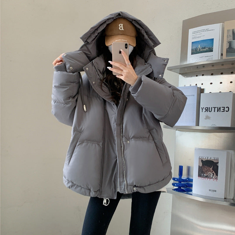 Women’s oversized quilted short jacket with hood, windproof lining and oversized collar