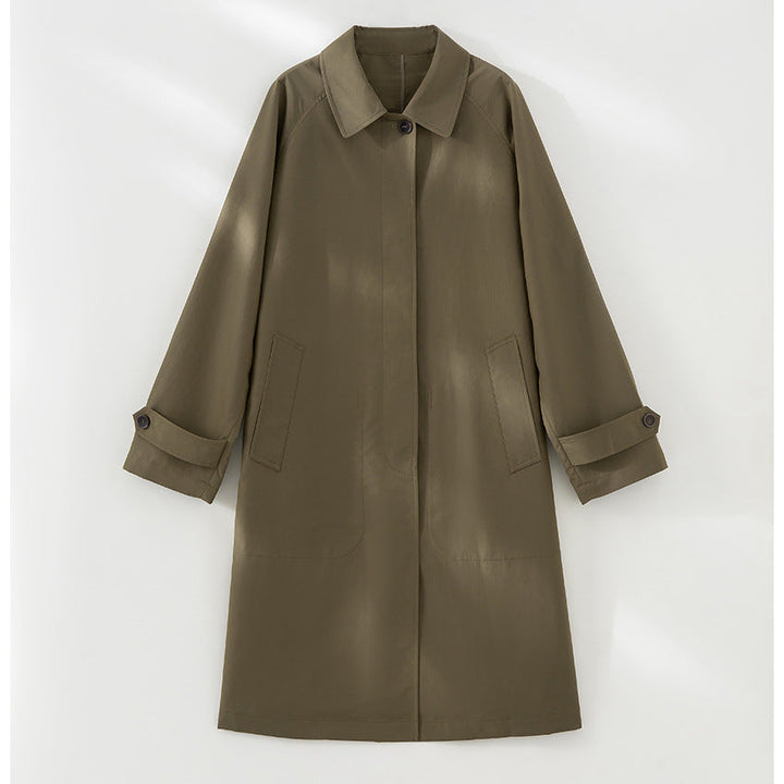 Women Mid-Length Trench Coat with concealed snap placket and adjustable cuffs