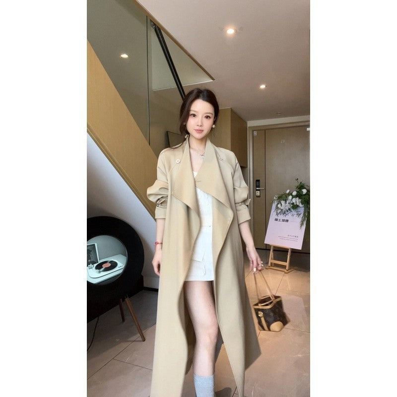 Women’s Maxi Trench Coat with Waterfall Collar and Gathered Sleeves