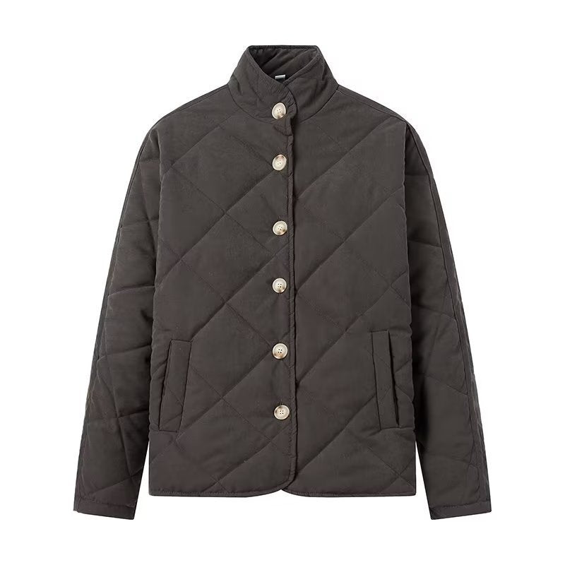 Women Padded Quilted Jacket with Stand-up Collar and Oversized Cut